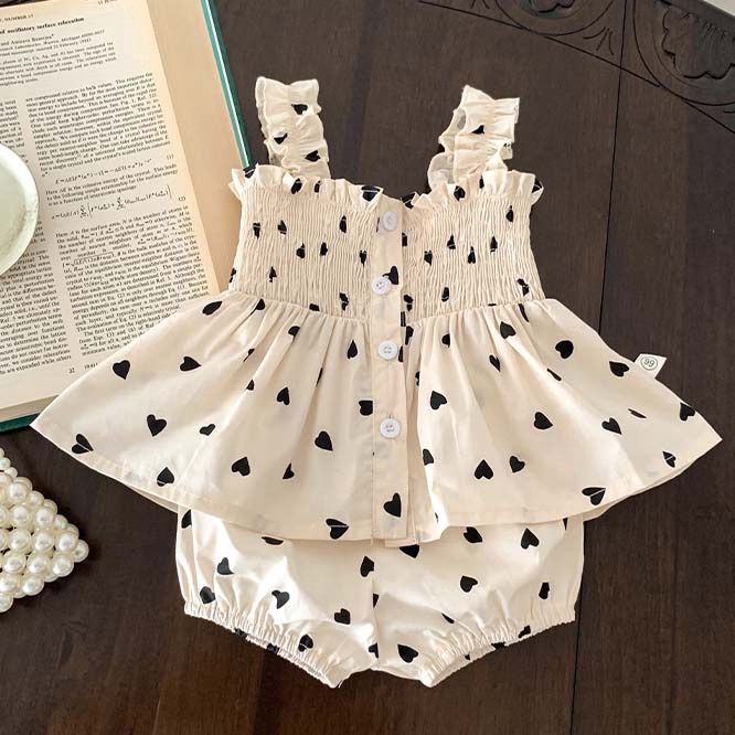 韓国 海外 輸入 キッズ 子供服 ベビー服 赤ちゃん ベージュ ハート ドット柄 水玉 セットアップ 2点セット 上下セット ブルマ パンツ付き おむつカバー お出掛け ノースリーブ キャミソール タンクトップ シャーリング 半袖 70cm 80cm 90cm
