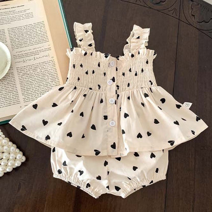 韓国 海外 輸入 キッズ 子供服 ベビー服 赤ちゃん ベージュ ハート ドット柄 水玉 セットアップ 2点セット 上下セット ブルマ パンツ付き おむつカバー お出掛け ノースリーブ キャミソール タンクトップ シャーリング 半袖 70cm 80cm 90cm