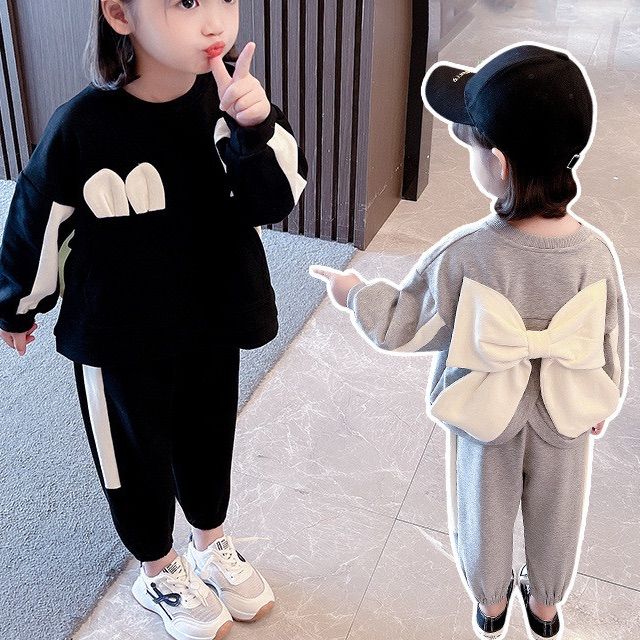 韓国 海外 輸入子供服 ベビー服 キッズ 赤ちゃん 長袖 2点セット セットアップ スウェット パーカー ロングパンツ うさぎ ラビット ダンス 保育園 小学生 ジャージ バックリボン 100cm 110cm 120cm