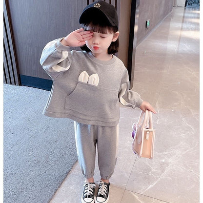 韓国 海外 輸入子供服 ベビー服 キッズ 赤ちゃん 長袖 2点セット セットアップ スウェット パーカー ロングパンツ うさぎ ラビット ダンス 保育園 小学生 ジャージ バックリボン 100cm 110cm 120cm