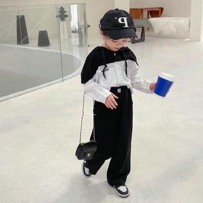 韓国 海外 輸入 子供服 キッズ 春秋 可愛い 長袖 セットアップ 切替シャツ ２点セット パンツ ズボン パーカー かわいい かっこいい ダンス ギャル ジャージ スウェット お出掛け 通園 通学 110m 120cm