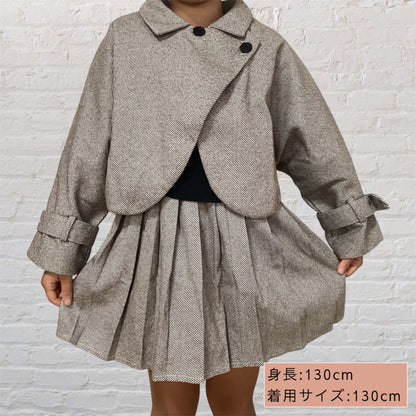 海外 輸入 韓国 子供服 キッズ 女の子 スカート コート ジャケット 長袖 セットアップ 制服風 ギャル 秋冬 フォーマル スーツ ２点セット プリーツスカート ツイード生地 通園 通学 お出掛け 110cm 120cm 130cm