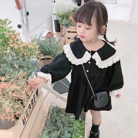 韓国 海外 輸入 子供服 ベビー服 キッズ 女の子 かわいい 長袖 ワンピース スカート レース おしゃれ襟 ブラック フォーマル 冠婚葬祭 結婚式 七五三 卒園式 入園式 卒業式 卒園式 お出かけ パーティー 100cm 110cm