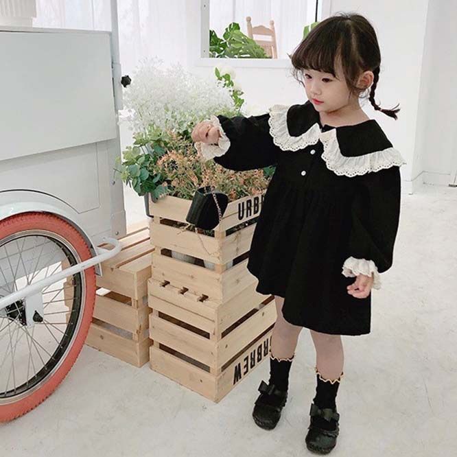 韓国 海外 輸入 子供服 ベビー服 キッズ 女の子 かわいい 長袖 ワンピース スカート レース おしゃれ襟 ブラック フォーマル 冠婚葬祭 結婚式 七五三 卒園式 入園式 卒業式 卒園式 お出かけ パーティー 100cm 110cm