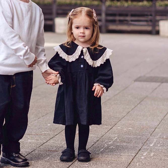 韓国 海外 輸入 子供服 ベビー服 キッズ 女の子 かわいい 長袖 ワンピース スカート レース おしゃれ襟 ブラック フォーマル 冠婚葬祭 結婚式 七五三 卒園式 入園式 卒業式 卒園式 お出かけ パーティー 100cm 110cm