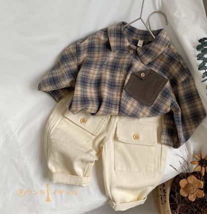 シャツ キッズ 長袖 子供服 男の子 女の子 綿 コットン ベビー服 tシャツ カットソー 春服 春物 秋服 秋物 ティーシャツ 長そで トップス チェック柄 子供服 ジュニア ユニセックス 子ども服