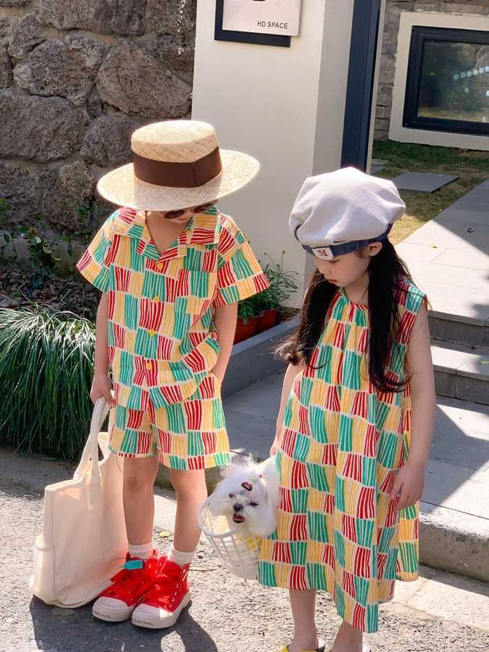 兄妹お揃い 韓国子供服 ワンピース 女の子 花柄 男の子 セットアップ アロハ 夏服 可愛い ビーチウエア ジュニア 子ども服 カジュアル xmtz13