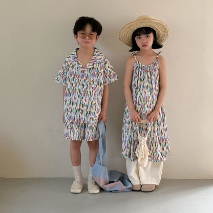 兄妹お揃い 韓国子供服 ワンピース 女の子 花柄 男の子 セットアップ アロハ 夏服 可愛い ビーチウエア ジュニア 子ども服 カジュアル xmtz02