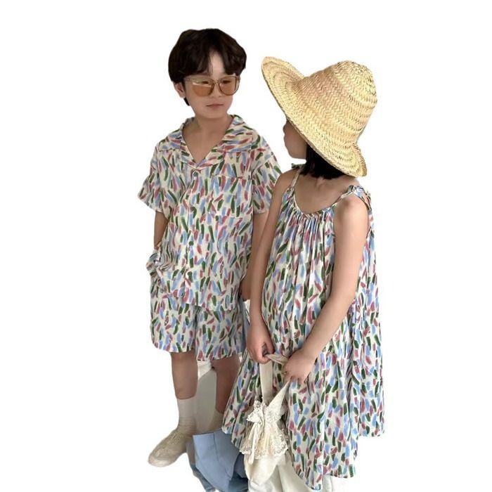 兄妹お揃い 韓国子供服 ワンピース 女の子 花柄 男の子 セットアップ アロハ 夏服 可愛い ビーチウエア ジュニア 子ども服 カジュアル xmtz02