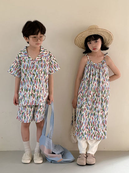 兄妹お揃い 韓国子供服 ワンピース 女の子 花柄 男の子 セットアップ アロハ 夏服 可愛い ビーチウエア ジュニア 子ども服 カジュアル xmtz02