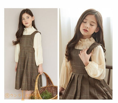 ワンピース キッズ 女の子 セットアップ シャツ サロペットスカート チェック柄 スーツ 子ども服 長袖 子供 ジュニア 子供服 秋 秋服 秋物 秋冬 冬 春 110 120 130 140 150
