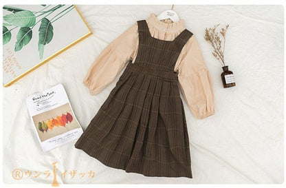 ワンピース キッズ 女の子 セットアップ シャツ サロペットスカート チェック柄 スーツ 子ども服 長袖 子供 ジュニア 子供服 秋 秋服 秋物 秋冬 冬 春 110 120 130 140 150
