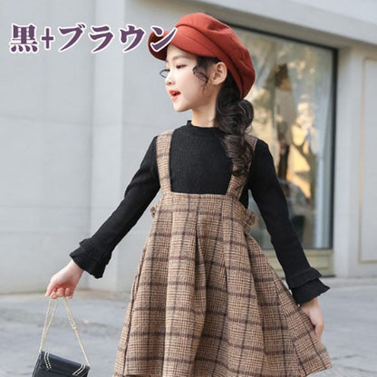 2点セット ワンピース ニット ジャンパースカート長袖 子どもドレス ワンピース 入学式 スーツ 女の子 卒園式 子供服 スーツ 女の子 トップス サロペット チェック yjfs01