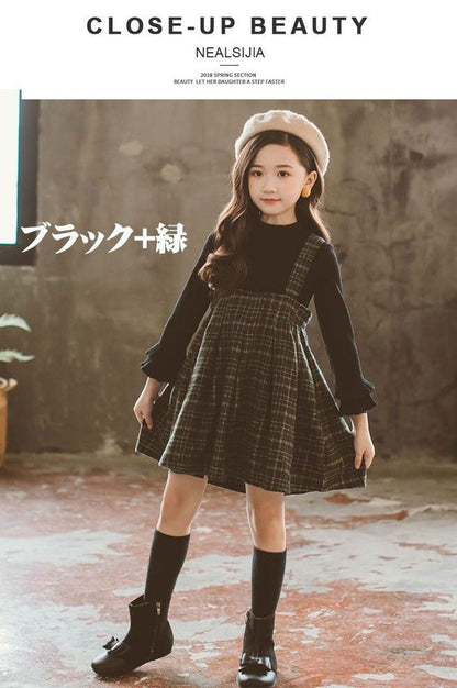 2点セット ワンピース ニット ジャンパースカート長袖 子どもドレス ワンピース 入学式 スーツ 女の子 卒園式 子供服 スーツ 女の子 トップス サロペット チェック yjfs01