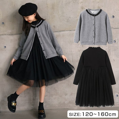 子供服 礼服 ◇2点セット 長袖 ワンピース 黒 ◇フォーマルドレス カーディガン 入学式 入園式 卒業式 卒園式 発表会 結婚式 プルオーバー 子ども服 冠婚葬祭 黒 秋 冬 チュールスカート 女の子 キッズ用 120cm-160cm xisheng01