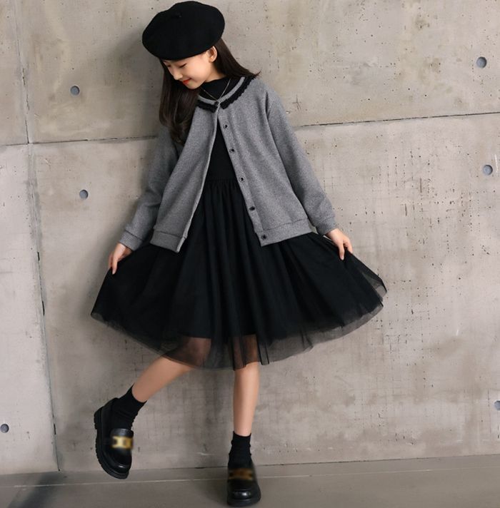 子供服 礼服 ◇2点セット 長袖 ワンピース 黒 ◇フォーマルドレス カーディガン 入学式 入園式 卒業式 卒園式 発表会 結婚式 プルオーバー 子ども服 冠婚葬祭 黒 秋 冬 チュールスカート 女の子 キッズ用 120cm-160cm xisheng01