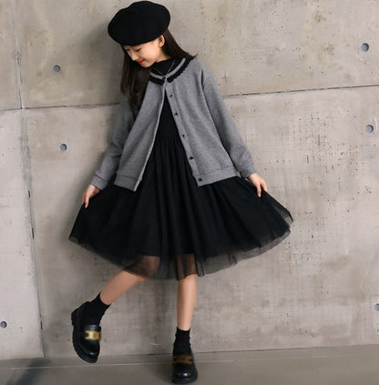 子供服 礼服 ◇2点セット 長袖 ワンピース 黒 ◇フォーマルドレス カーディガン 入学式 入園式 卒業式 卒園式 発表会 結婚式 プルオーバー 子ども服 冠婚葬祭 黒 秋 冬 チュールスカート 女の子 キッズ用 120cm-160cm xisheng01