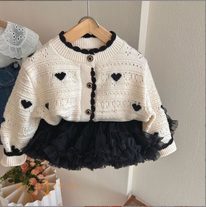 カーディガン キッズ 子供服 女の子 ハート柄 ニット セーター ジュニア ベビー服 アウター トップス 長袖 韓国子ども服 上着 カットソー おしゃれ 可愛い 入園 入学 幼稚園 小学生 90 10