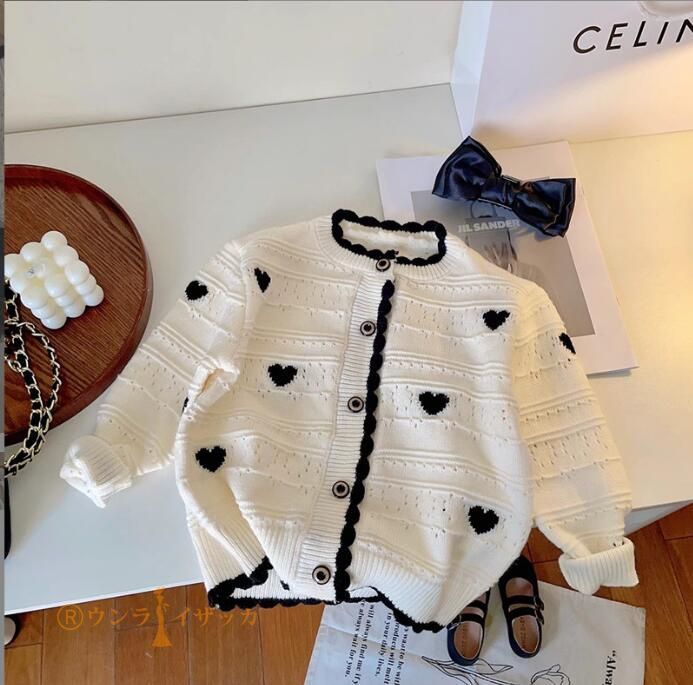 カーディガン キッズ 子供服 女の子 ハート柄 ニット セーター ジュニア ベビー服 アウター トップス 長袖 韓国子ども服 上着 カットソー おしゃれ 可愛い 入園 入学 幼稚園 小学生 90 10
