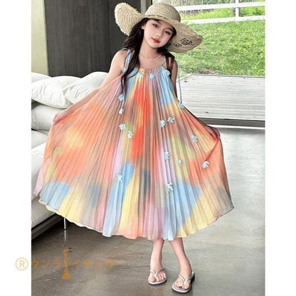 キッズ ワンピース 夏 子供ドレス 女の子 リゾート ノースリーブワンピース おしゃれ 袖なし ロング カジュアル 膝下 子どもワンピース ガールズ 子供服 ドレス