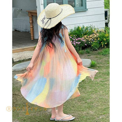 キッズ ワンピース 夏 子供ドレス 女の子 リゾート ノースリーブワンピース おしゃれ 袖なし ロング カジュアル 膝下 子どもワンピース ガールズ 子供服 ドレス