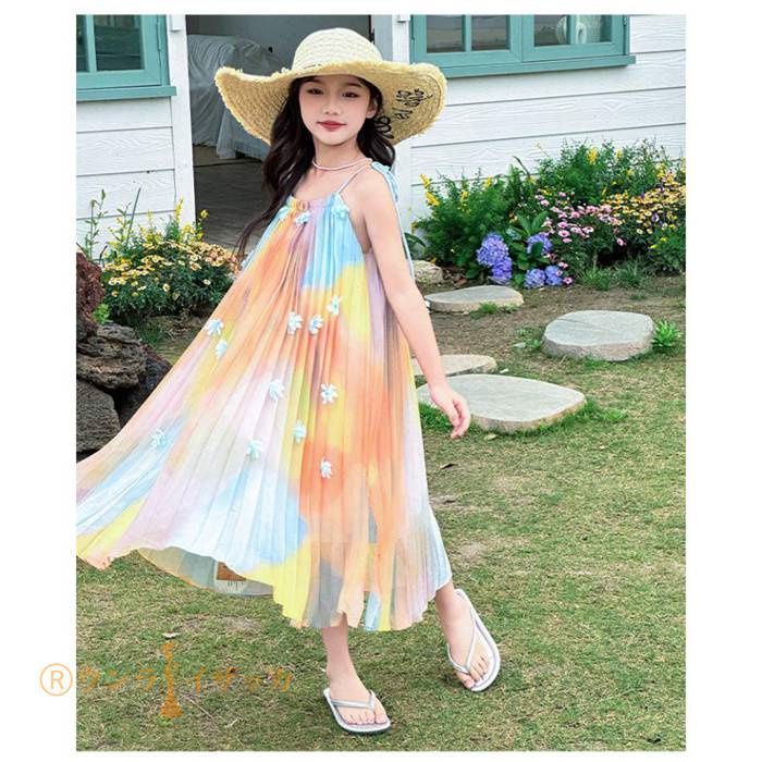 キッズ ワンピース 夏 子供ドレス 女の子 リゾート ノースリーブワンピース おしゃれ 袖なし ロング カジュアル 膝下 子どもワンピース ガールズ 子供服 ドレス