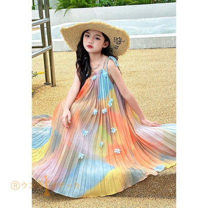 キッズ ワンピース 夏 子供ドレス 女の子 リゾート ノースリーブワンピース おしゃれ 袖なし ロング カジュアル 膝下 子どもワンピース ガールズ 子供服 ドレス