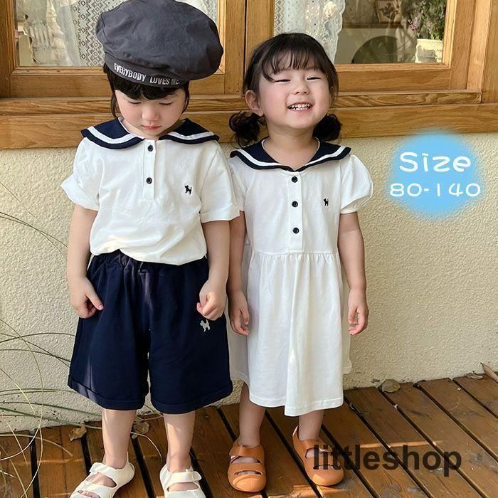 子供服 セーラー セットアップ ワンピース キッズ 上下セット 2点セット セーラー服 トップス ショートパンツ シャツワンピース 子ども 男の子 女の子 お揃い