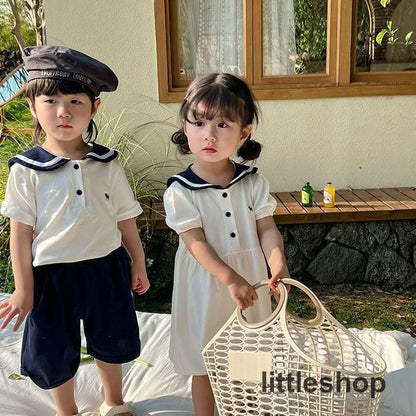 子供服 セーラー セットアップ ワンピース キッズ 上下セット 2点セット セーラー服 トップス ショートパンツ シャツワンピース 子ども 男の子 女の子 お揃い