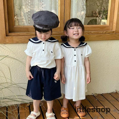 子供服 セーラー セットアップ ワンピース キッズ 上下セット 2点セット セーラー服 トップス ショートパンツ シャツワンピース 子ども 男の子 女の子 お揃い