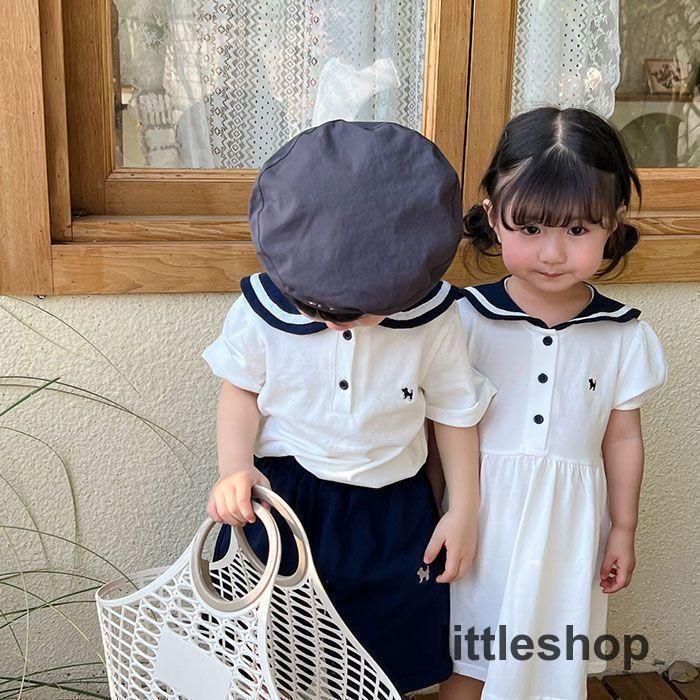 子供服 セーラー セットアップ ワンピース キッズ 上下セット 2点セット セーラー服 トップス ショートパンツ シャツワンピース 子ども 男の子 女の子 お揃い