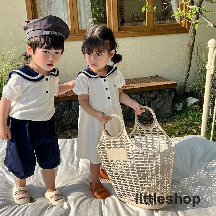 子供服 セーラー セットアップ ワンピース キッズ 上下セット 2点セット セーラー服 トップス ショートパンツ シャツワンピース 子ども 男の子 女の子 お揃い
