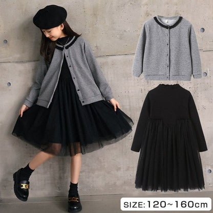 子供服 礼服 ◇2点セット 長袖 ワンピース フォーマルドレス カーディガン 入学式 入園式 卒業式 卒園式 発表会 結婚式 プルオーバー 子ども服 冠婚葬祭 黒 秋 冬 チュールスカート 女の子 キッズ用 xisheng01