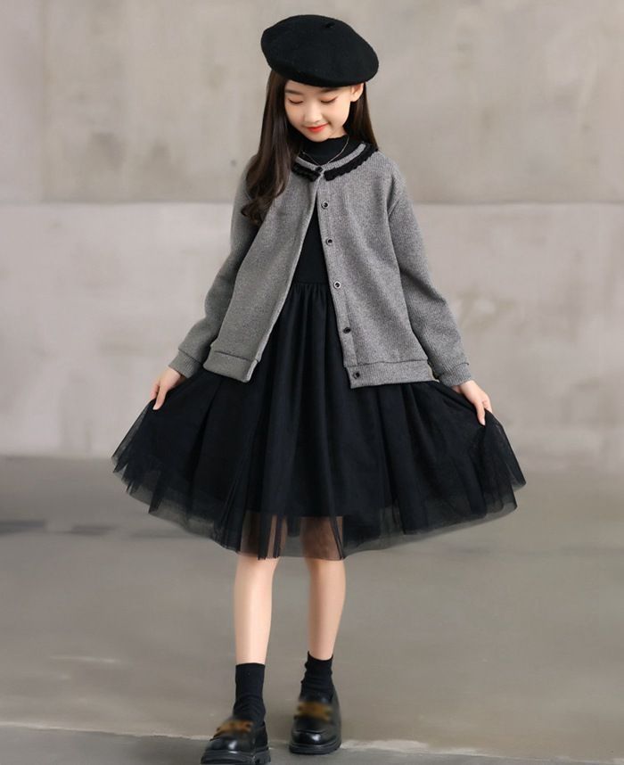 子供服 礼服 ◇2点セット 長袖 ワンピース フォーマルドレス カーディガン 入学式 入園式 卒業式 卒園式 発表会 結婚式 プルオーバー 子ども服 冠婚葬祭 黒 秋 冬 チュールスカート 女の子 キッズ用 xisheng01