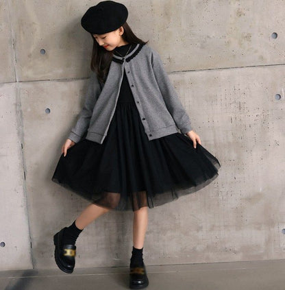子供服 礼服 ◇2点セット 長袖 ワンピース フォーマルドレス カーディガン 入学式 入園式 卒業式 卒園式 発表会 結婚式 プルオーバー 子ども服 冠婚葬祭 黒 秋 冬 チュールスカート 女の子 キッズ用 xisheng01