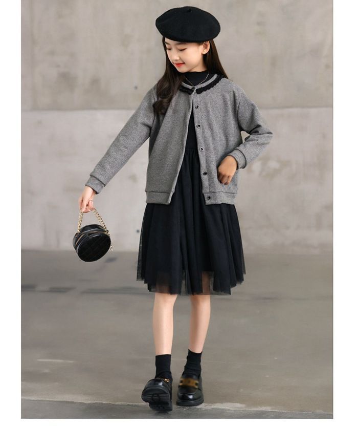 子供服 礼服 ◇2点セット 長袖 ワンピース フォーマルドレス カーディガン 入学式 入園式 卒業式 卒園式 発表会 結婚式 プルオーバー 子ども服 冠婚葬祭 黒 秋 冬 チュールスカート 女の子 キッズ用 xisheng01