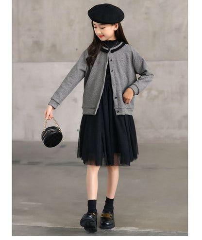子供服 礼服 ◇2点セット 長袖 ワンピース フォーマルドレス カーディガン 入学式 入園式 卒業式 卒園式 発表会 結婚式 プルオーバー 子ども服 冠婚葬祭 黒 秋 冬 チュールスカート 女の子 キッズ用 xisheng01