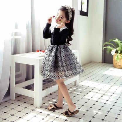 長袖ワンピース　黒◇レース フォーマル 入学式 入園式 卒業式 卒園式 発表会 結婚式 プルオーバー 韓国 子ども服　 秋 冬　レースワンピース　チュールスカート　女の子 キッズ用 100cm 110