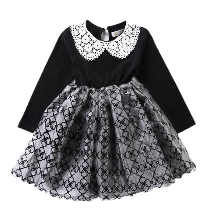 長袖ワンピース　黒◇レース フォーマル 入学式 入園式 卒業式 卒園式 発表会 結婚式 プルオーバー 韓国 子ども服　 秋 冬　レースワンピース　チュールスカート　女の子 キッズ用 100cm 110
