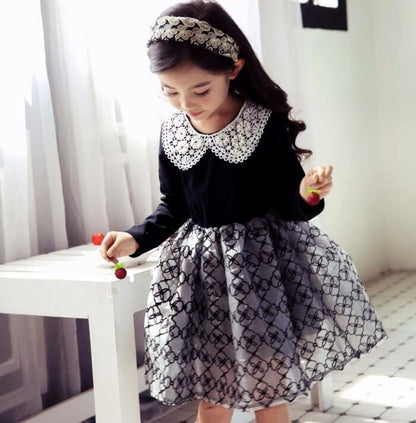 長袖ワンピース　黒◇レース フォーマル 入学式 入園式 卒業式 卒園式 発表会 結婚式 プルオーバー 韓国 子ども服　 秋 冬　レースワンピース　チュールスカート　女の子 キッズ用 100cm 110