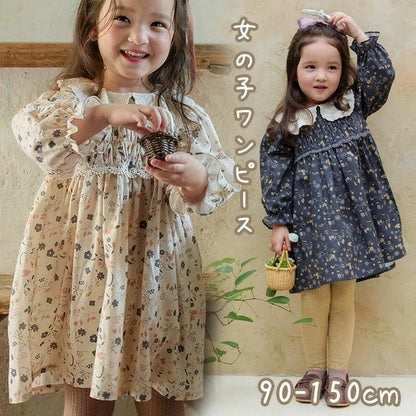 ベビー ワンピース 赤ちゃん 女の子 長袖 キッズ 子ども 子供服 付け襟 可愛い ワンピース 春 ベビードレス お姫様風 セレモニードレス 花柄 90 100 110 120 ベビー服 写真撮影 通園 通学 caig03