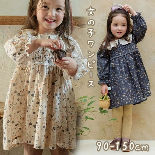 ベビー ワンピース 赤ちゃん 女の子 長袖 キッズ 子ども 子供服 付け襟 可愛い ワンピース 春 ベビードレス お姫様風 セレモニードレス 花柄 90 100 110 120 ベビー服 写真撮影 通園 通学 caig03
