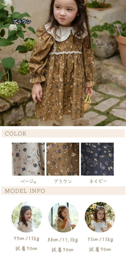 ベビー ワンピース 赤ちゃん 女の子 長袖 キッズ 子ども 子供服 付け襟 可愛い ワンピース 春 ベビードレス お姫様風 セレモニードレス 花柄 90 100 110 120 ベビー服 写真撮影 通園 通学 caig03