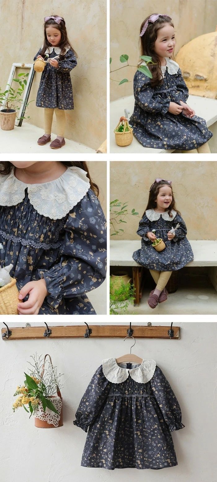 ベビー ワンピース 赤ちゃん 女の子 長袖 キッズ 子ども 子供服 付け襟 可愛い ワンピース 春 ベビードレス お姫様風 セレモニードレス 花柄 90 100 110 120 ベビー服 写真撮影 通園 通学 caig03