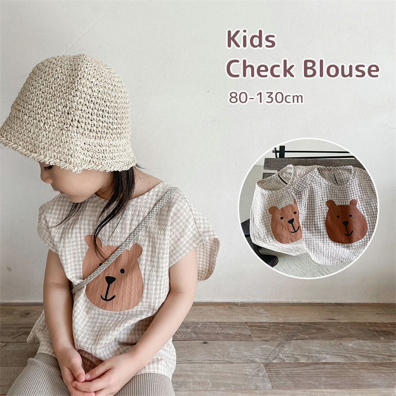 ブラウス 子供服 半袖 チェック柄 クマさん プルオーバー 半袖トップス フレンチスリーブ 韓国風 子ども服 こども服 女の子 春 夏 80 90 100 110 120 130 かわいい shenjia04