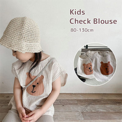 ブラウス 子供服 半袖 チェック柄 クマさん プルオーバー 半袖トップス フレンチスリーブ 韓国風 子ども服 こども服 女の子 春 夏 80 90 100 110 120 130 かわいい shenjia04