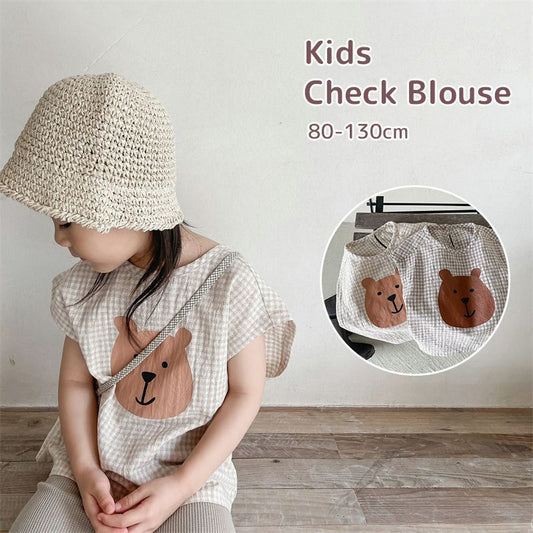 ブラウス 子供服 半袖 チェック柄 クマさん プルオーバー 半袖トップス フレンチスリーブ 韓国風 子ども服 こども服 女の子 春 夏 80 90 100 110 120 130 かわいい shenjia04