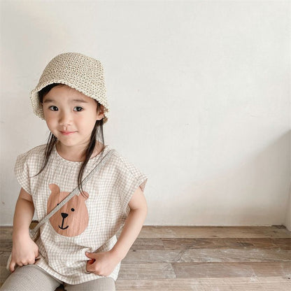 ブラウス 子供服 半袖 チェック柄 クマさん プルオーバー 半袖トップス フレンチスリーブ 韓国風 子ども服 こども服 女の子 春 夏 80 90 100 110 120 130 かわいい shenjia04