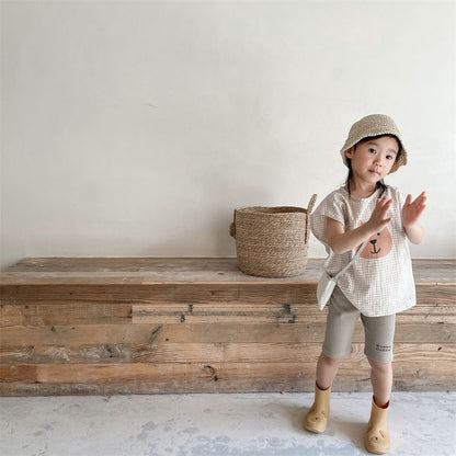 ブラウス 子供服 半袖 チェック柄 クマさん プルオーバー 半袖トップス フレンチスリーブ 韓国風 子ども服 こども服 女の子 春 夏 80 90 100 110 120 130 かわいい shenjia04
