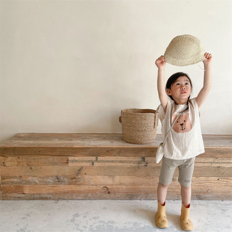 ブラウス 子供服 半袖 チェック柄 クマさん プルオーバー 半袖トップス フレンチスリーブ 韓国風 子ども服 こども服 女の子 春 夏 80 90 100 110 120 130 かわいい shenjia04